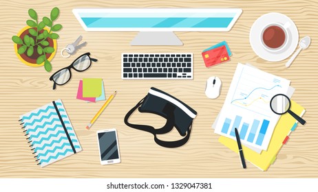 Business workplace. Overhead top view. Vector illustration. Office stationery and various things around. Wooden background.