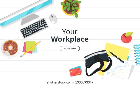 Business workplace. Overhead top view. Vector illustration. Office stationery and various things around. White background.