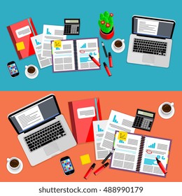 Business workplace overhead. Top view of office desk with working stationary and accessory, paper document, laptop, smartphone illustration. Business workspace organization background vector set

