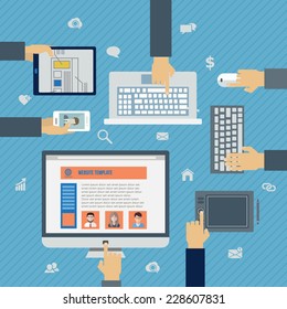 Business workplace with people hand, digital tablet, smartphone, papers and various office objects on table. Flat design vector illustration. 