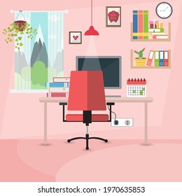 Business workplace in room. Office interior. Work from home. Vector illustration.
