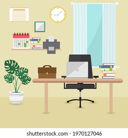 Business workplace in room. Office interior.Vector illustration.