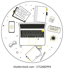 Business workplace stationery vector illustration. Freelance home-office work space. Busy hardworking illustration. Black, white and yellow isolated subjects.