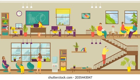 Business-Arbeitsplatz, Team-Büro, Vektorgrafik. Männliche Menschen charakterisieren sich bei der Arbeit des Unternehmens, gemeinsame Arbeit Raum Set. Teamwork
