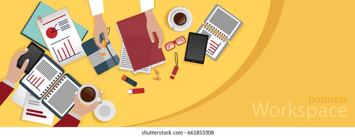 Business workplace. Team work. Hands holding phone, coffee cup. Documents, paper, notepads,around the workplace.Data analysis, financial report.Flat design illustration. Gray, red,yellow blue colors. 