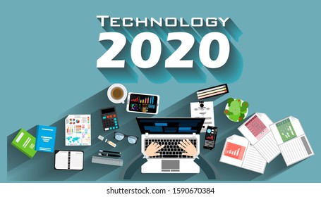 Business workplace - Text Technology 2020  -Top view modern Idea and Concept Vector illustration  Business  with work Accessories,icon.