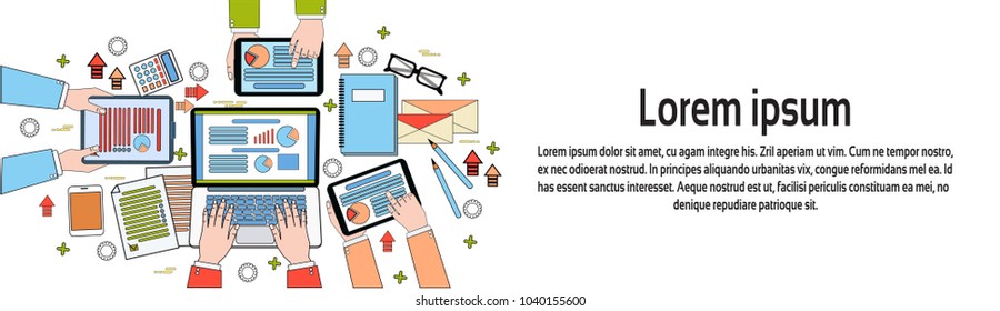 Business Workplace Top View, Businesspeople Work Process, Diagrams And Documents, Hands Using Digital Tablets And Laptop Horizontal Banner With Copy Space Vector Illustration