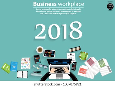 Business workplace -Top view modern Idea and Concept Vector illustration  Business Infographic template with Text 2018 ,work Accessories,icon.