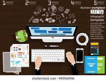 Business workplace Top view modern Idea and Concept Vector illustration Infographic template with compute,Smart Phone,coffee cup,Pen,diary,paper,calculator.