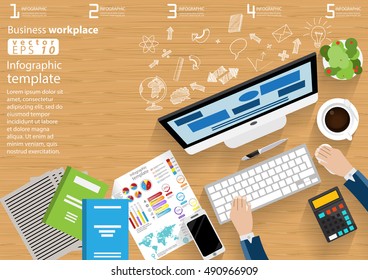 Business workplace Top view modern Idea and Concept Vector illustration Infographic template with compute,Smart Phone,coffee cup,Pen,diary,paper,calculator.