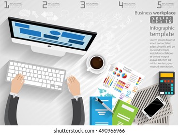 Business workplace Top view modern Idea and Concept Vector illustration Infographic template with compute,Smart Phone,coffee cup,Pen,diary,paper,calculator.
