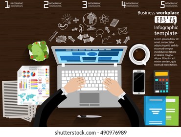 Business workplace Top view modern Idea and Concept Vector illustration Infographic template with Laptop,Smart Phone,coffee cup,Pen,diary,paper,calculator.