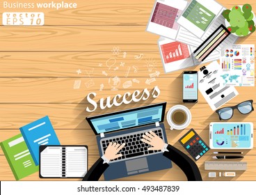Business workplace Top view modern Idea and Concept Vector illustration with work Accessories