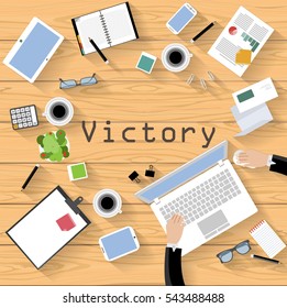 Business workplace Top view modern Idea and Concept Vector illustration with Text Victory,Wooden floor,work Accessories,icon.