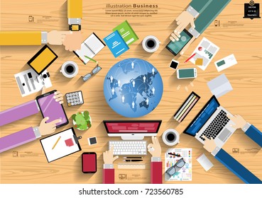 Business workplace Top view modern Idea and Concept Vector illustration Infographic template  with Technology,Watch,Cellphone,Tablet ,Laptop,Computer,work Accessories,icon,background Wood.