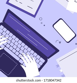 Business workplace vector illustration. Hands are typing on laptop, documents, mobile phone are near on the table. Programmer workspace. Freelance home-office illustration. 