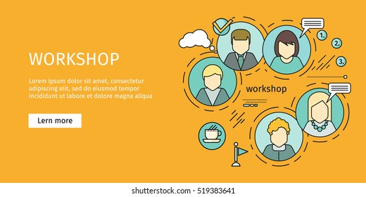 Business workshop banner. Team building, workshop, training skill, develop ability, expertise, business people teamwork, personal development growth, team leader skills concept. Vector line art