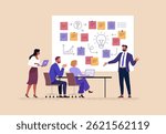 Business Workshop Concept. Vector cartoon illustration of a group of diverse people sitting at a table with a manager standing in front of them next to a board with stickers. Isolated on background