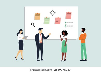 Business Workshop Concept. Vector cartoon illustration of a close-up group of diverse people standing near a board with sticky notes and discussing an idea. Isolated on background