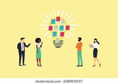 Business Workshop Concept. Vector cartoon illustration of a group of diverse people discussing an idea made from sticky notes light bulb-shaped. Isolated on background