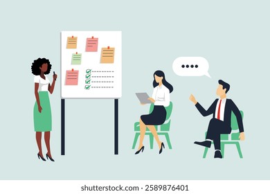 Business Workshop Concept. Vector cartoon illustration of a group of diverse people with a woman standing in front of them next to a board with stickers. Isolated on background