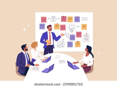 Business Workshop Concept. Vector cartoon illustration of a group of diverse people sitting at a table with a man standing in front of them next to a board with stickers. Isolated on background