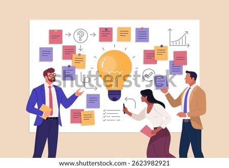 Business Workshop Concept. Vector cartoon illustration of a close-up group of diverse people standing near a board with sticky notes and discussing an idea. Isolated on background.
