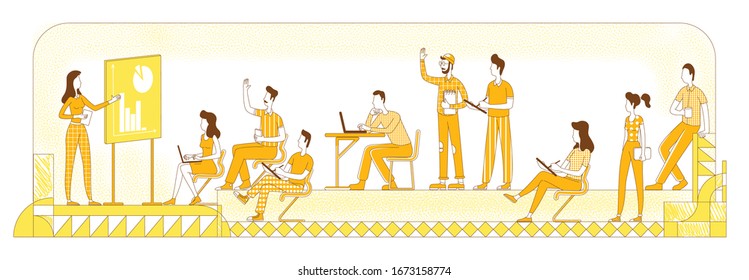 Business workshop flat silhouette vector illustration. Students and teacher with presentation, coworkers outline characters on yellow background. Corporate coaching, team briefing simple style drawing