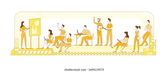 Business workshop flat silhouette vector illustration. Students and teacher with presentation, coworkers outline characters on yellow background. Corporate coaching, team briefing simple style drawing