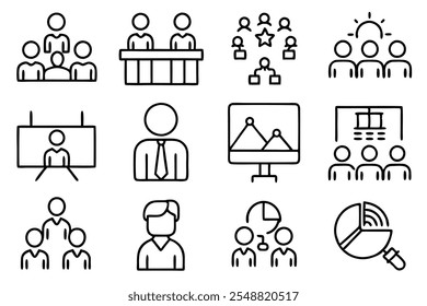 Business workshop icons set, symbolizing group learning, mentorship, and skill-building. Great for webinars, company training, and professional growth themes. Modern vector illustrations.