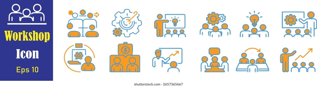 Conjunto de ícones do workshop de negócios. Conjunto de workshops de ícones da Web em estilo de linha. Contendo construção de equipe, trabalho em equipe, treinamento, reunião. Eps 10