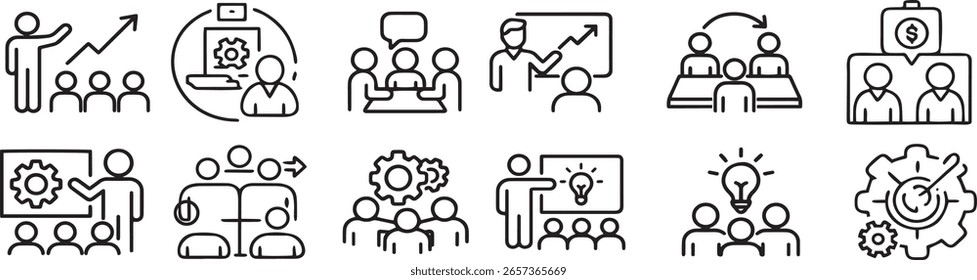 Conjunto de ícones do workshop de negócios. Conjunto de workshops de ícones da Web em estilo de linha. Contendo construção de equipe, trabalho em equipe, treinamento, reunião. Eps 10