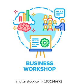 Concepto de icono de vectores de reunión de taller de negocios. Sala De Conferencias Portavoz Empresarial Presente Proceso De Trabajo O Presentación De Informes Sobre Beneficios Financieros Anuales, Brainstorming O Briefefefing Color Illustración