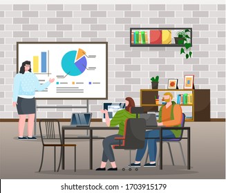 Business workshop for newcomers, improvement of workers skills. Presenter pointing on key features of structure, visual data on board. Office interior with shelves and furniture vector in flat