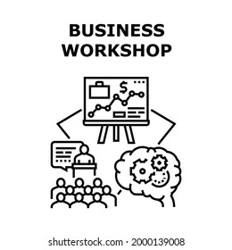 Concepto de icono de vectores de Office para el taller de negocios. Sala De Conferencias De La Oficina Del Curso Práctico Profesional Para Seminario De Capacitación Y Educación, Panorama De Equipo Y Presentación De Idea Ilustración Negra