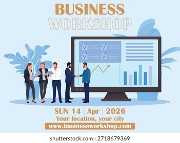 Poster zu Business-Workshops mit Büromitarbeitern, die Bildschirme und aufstrebende Finanzgrafiken beobachten, die Teamwork-Schulungen und Unternehmenswachstum darstellen