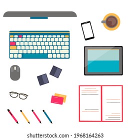 Business workspace with computer, keyboard, tablet, phone, notes, papers  and various office objects on table. Flat design vector illustration.