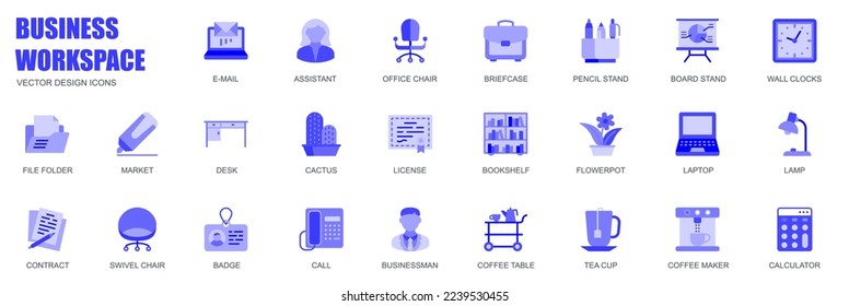 Business workspace concept of web icons set in simple flat design. Pack of e-mail, assistant, office chair, briefcase, pencil, clock, file folder, lamp and other. Vector blue pictograms for mobile app