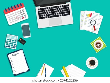 Business workspace. Desk top in office with laptop, document, phone, coffee and food. Flat icon of desktop top view. Above workplace with computer, calculator, plan. Concept of organization. Vector.