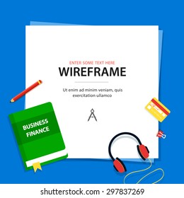 Business workspace layout with book, headphones, business card, pencil on the white paper. ( vector illustration )