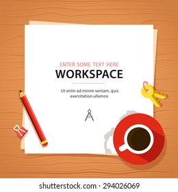 Business workspace layout with coffe, key, pencil on the white paper. ( vector illustration )
