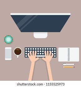 Business workspace layout with office supplies flat design, vector illustration