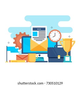 Business workspace, office interior flat vector illustration design for mobile and web graphics