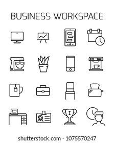 Business workspace related vector icon set. Well-crafted sign in thin line style with editable stroke. Vector symbols isolated on a white background. Simple pictograms.