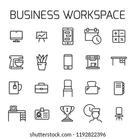 Business workspace related vector icon set. Well-crafted sign in thin line style with editable stroke. Vector symbols isolated on a white background. Simple pictograms.