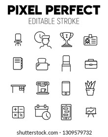 Business workspace related vector icon set. Well-crafted sign in thin line style with editable stroke. Vector symbols isolated on a white background. Pixel perfect. Editable stroke.