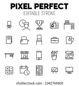 Business workspace related vector icon set. Well-crafted sign in thin line style with editable stroke. Vector symbols isolated on a white background. Pixel perfect. Editable stroke.