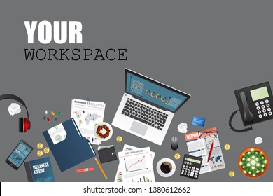 Business workspace top view. Office objects. Business planning and analyzing. Auditing concept.