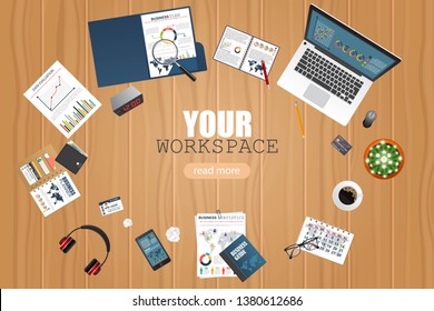 Business workspace top view. Office objects. Business planning and analyzing. Auditing concept.