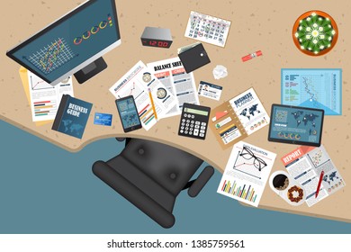 Business workspace top view. Office objects. Business planning and analyzing. Auditing concept.